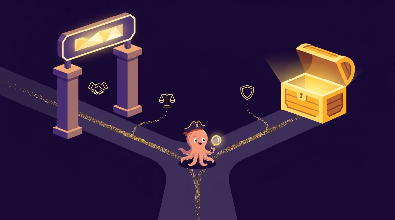 Editorial illustration of Flippy the pirate octopus at a fork β left path leads through a marketplace archway, right path goes directly to a treasure chest