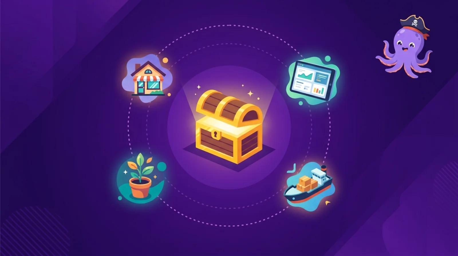 Flat editorial illustration of a glowing treasure chest surrounded by orbiting online-business icons β a house, a tablet, a boat and a plant β symbolising a portfolio of online businesses