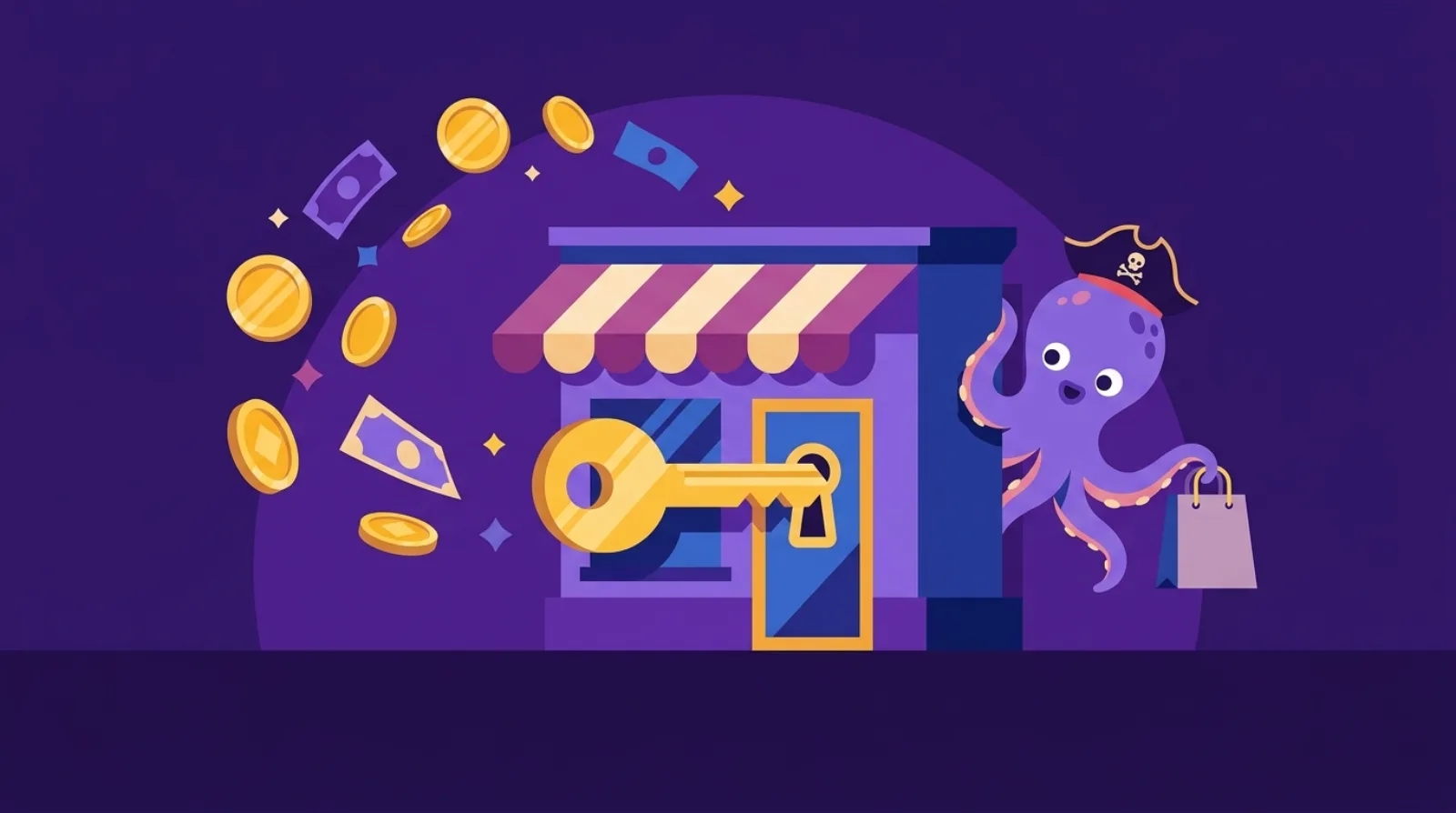 Illustration éditoriale plate d'une clé dorée déverrouillant une boutique stylisée avec des pièces d'or flottantes et une mascotte pieuvre — racheter un business e-commerce à vendre