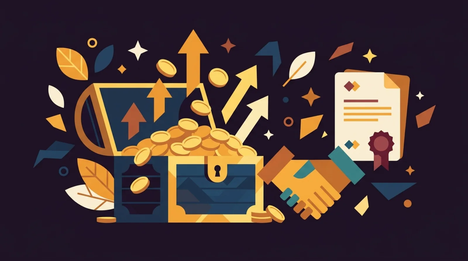 Flat editorial illustration on dark purple background showing a treasure chest with floating coins, deal documents, handshake icon and upward arrows representing creative financing for online business acquisition