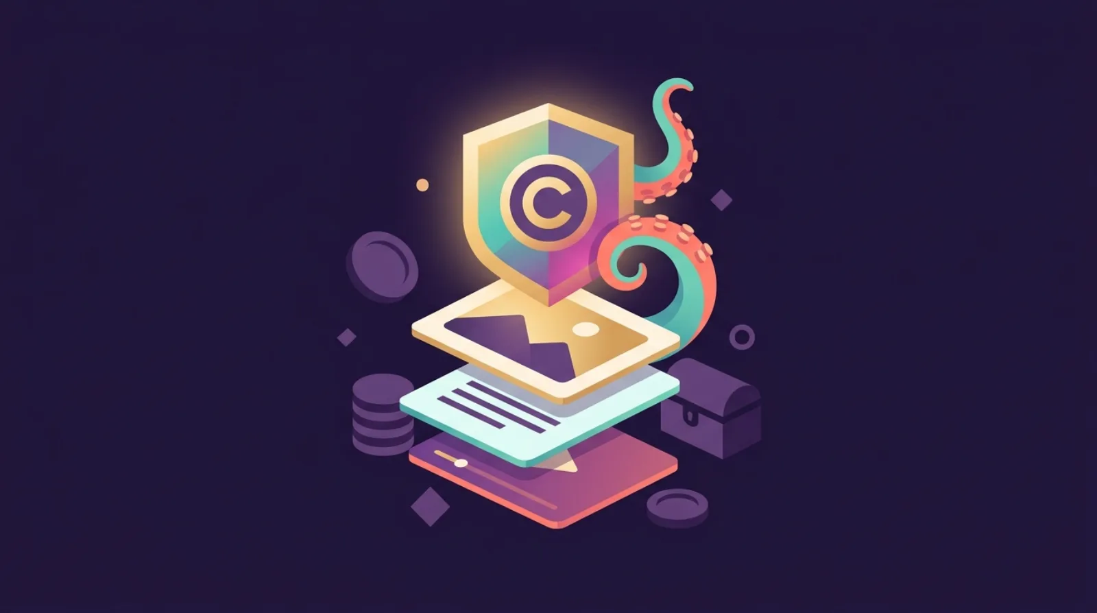 Editorial illustration of a copyright shield icon over layered content blocks — photos, text, and video — in a due diligence review context