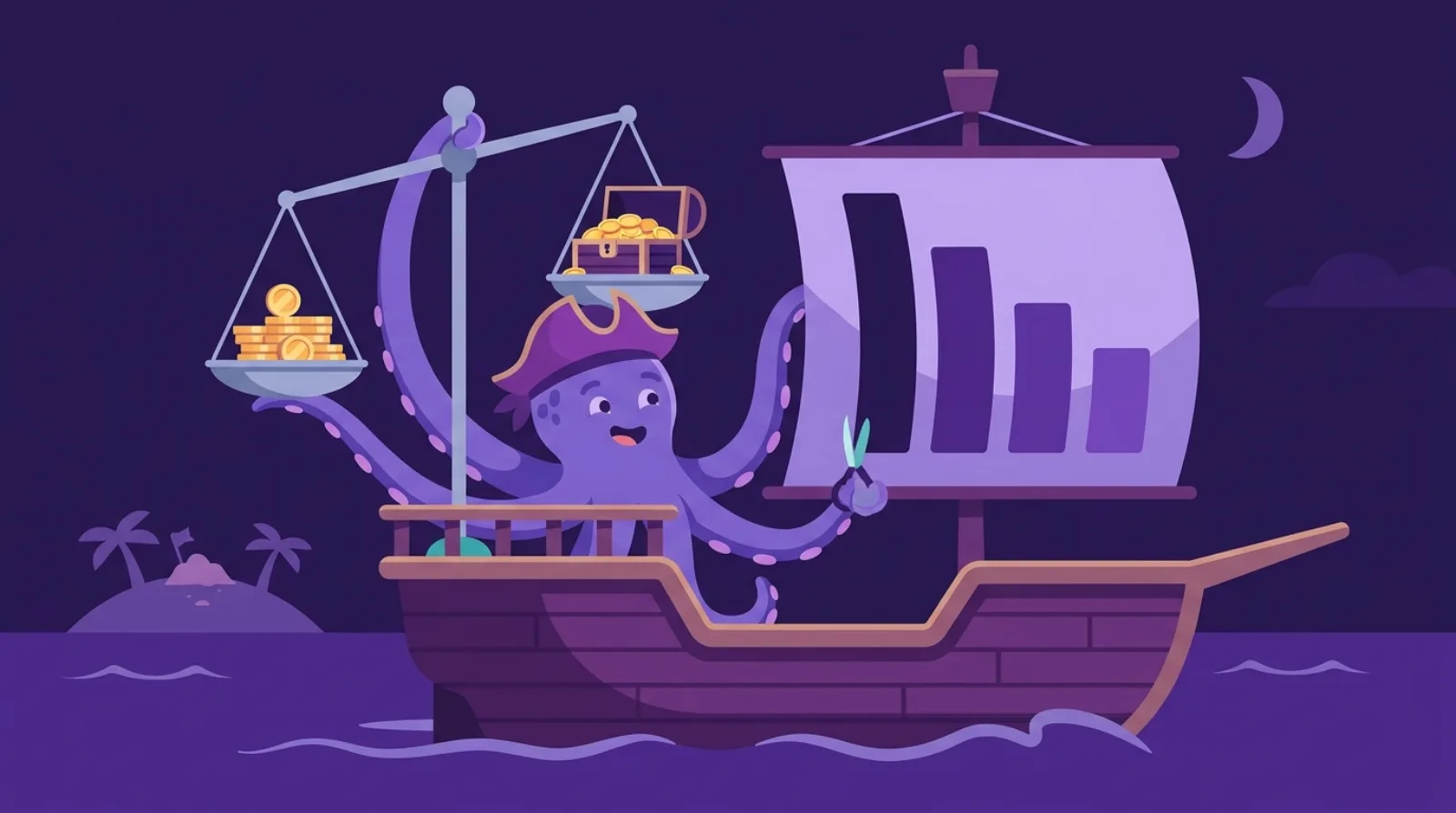 Flat illustration of a pirate-hat octopus mascot balancing a scale with coins and a treasure chest on a ship deck, trimming an oversized budget sail, dark purple background