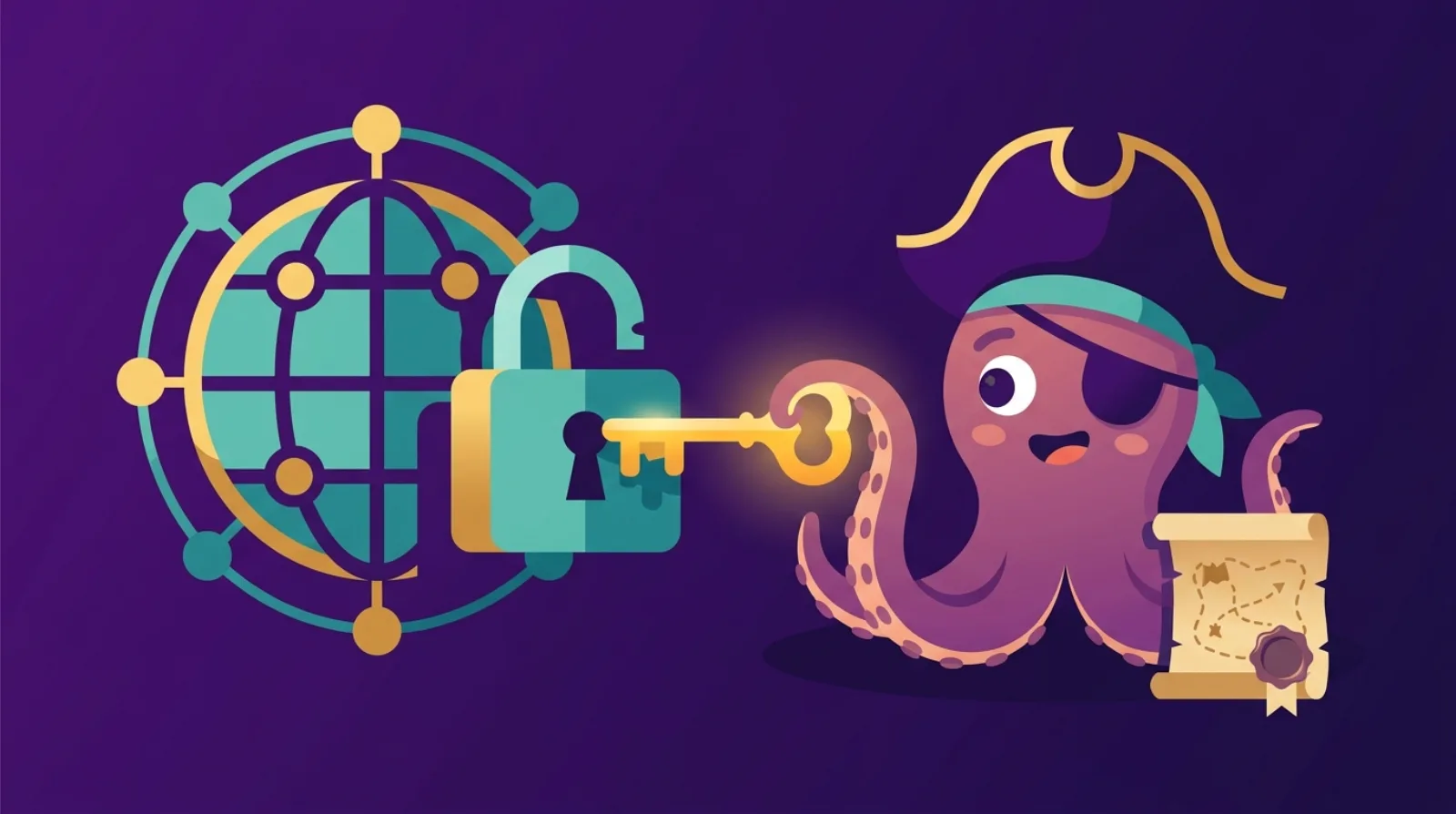 Editorial illustration of an octopus mascot unlocking a padlock over a stylized domain globe with a golden transfer key, symbolizing domain registration due diligence