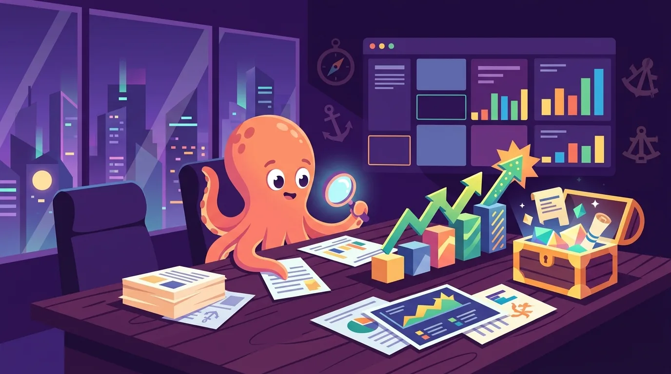 Flat editorial illustration on dark purple background showing Flippy the octopus mascot reviewing deal documents and performance charts for a digital agency acquisition