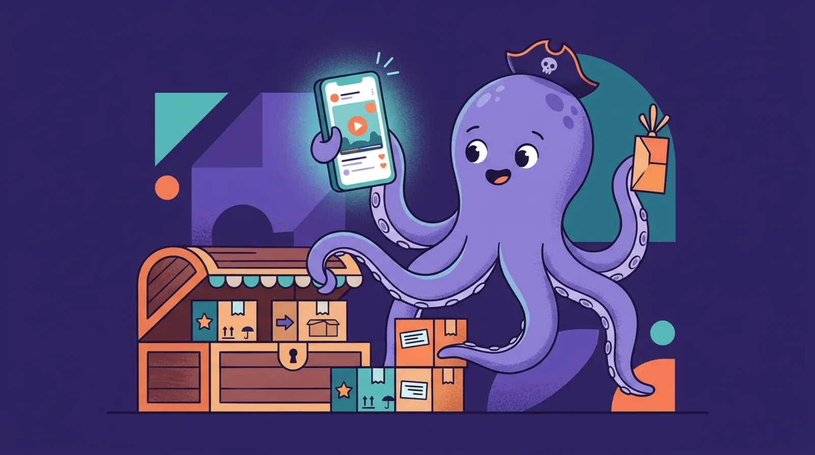 Flat editorial illustration of a pirate-hat octopus mascot reviewing a glowing phone livestream and product boxes, dark purple background