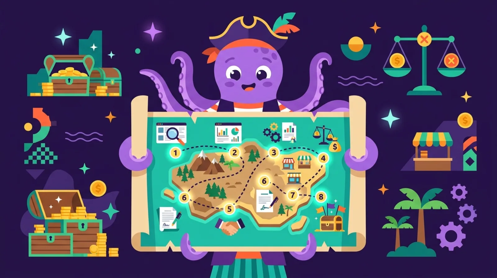 Flippy the pirate octopus of Flipagora holds a treasure map with eight numbered checkpoints, illustrating the step-by-step process of buying an online business, dark purple background