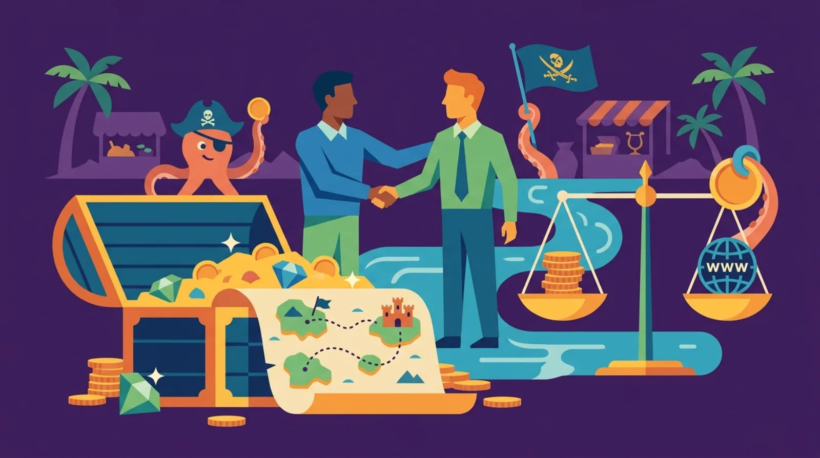 Flippy the pirate octopus watches two business partners shake hands over a treasure chest and deal map, scales balancing coins against a website icon, dark purple background