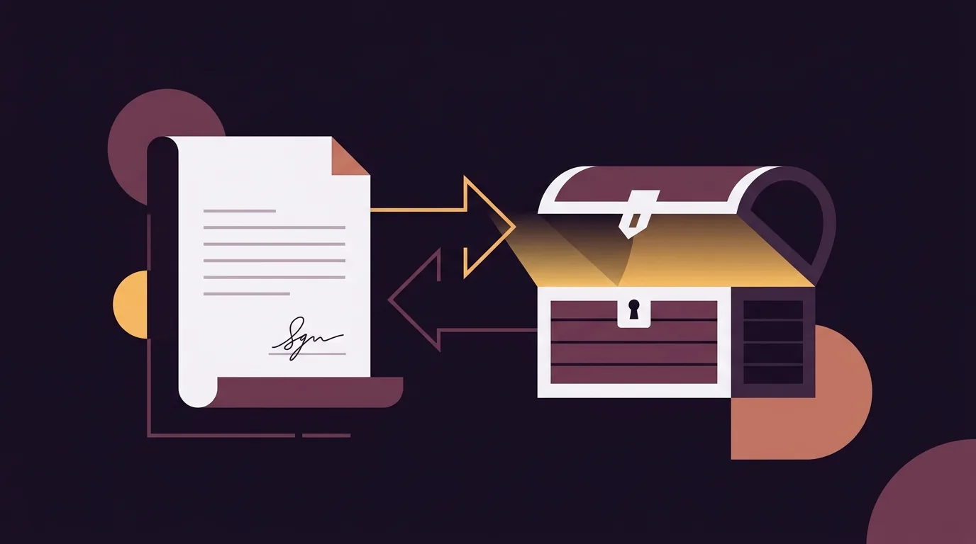 Ilustración geométrica de un contrato firmado con pluma y cofre del tesoro sobre fondo violeta oscuro Flipagora