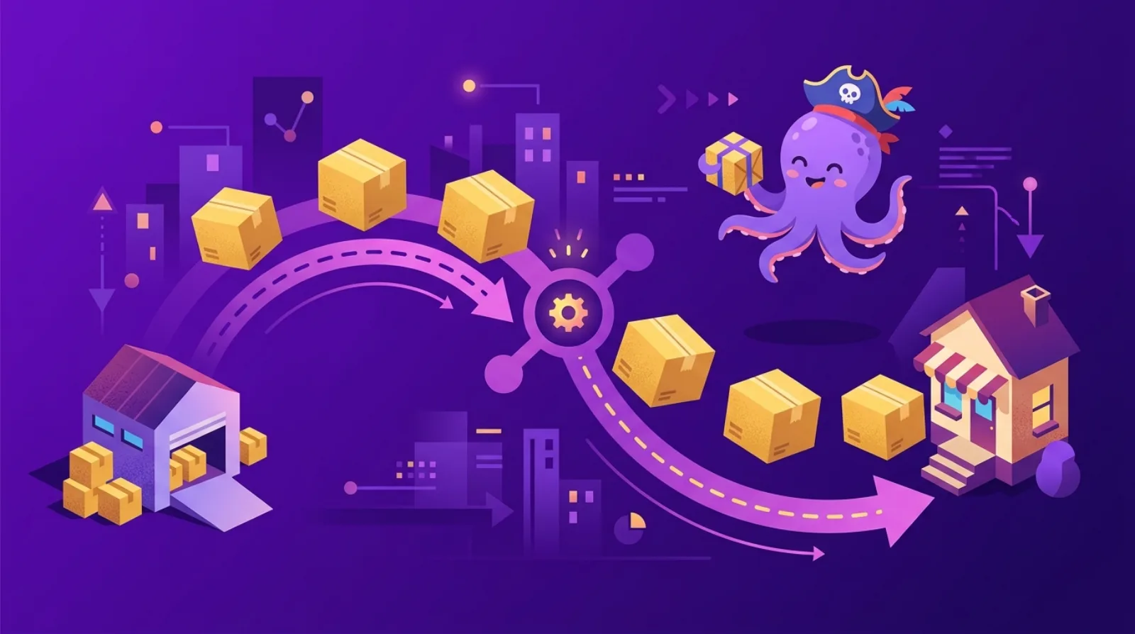 Illustration éditoriale plate de colis en carton voyageant en courbe d'un entrepôt vers le domicile d'un client, avec une mascotte pieuvre — business dropshipping rentable à vendre