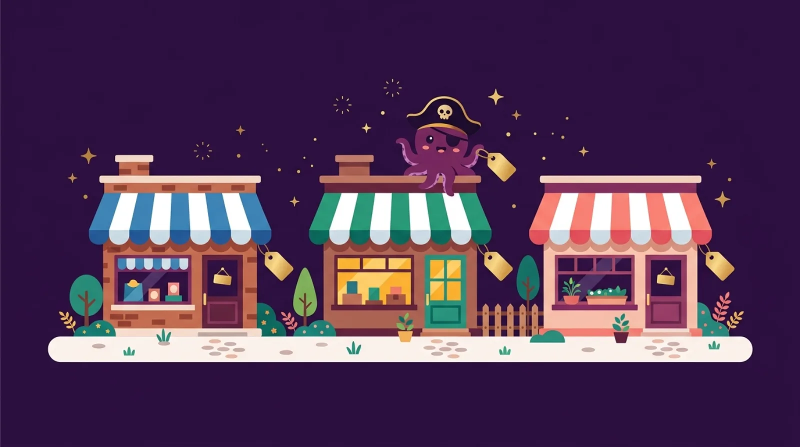 Illustration éditoriale plate de trois petites boutiques alignées avec des étiquettes de prix dorées vierges et une mascotte pieuvre perchée sur celle du milieu — petites boutiques Shopify à vendre sous 50 k$