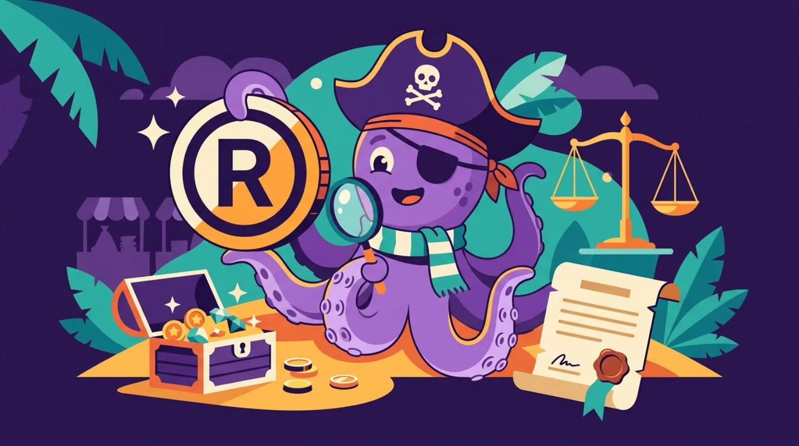 Octopus pirate mascot examines a registered trademark medallion with a magnifying glass beside a treasure chest, symbolizing trademark due diligence