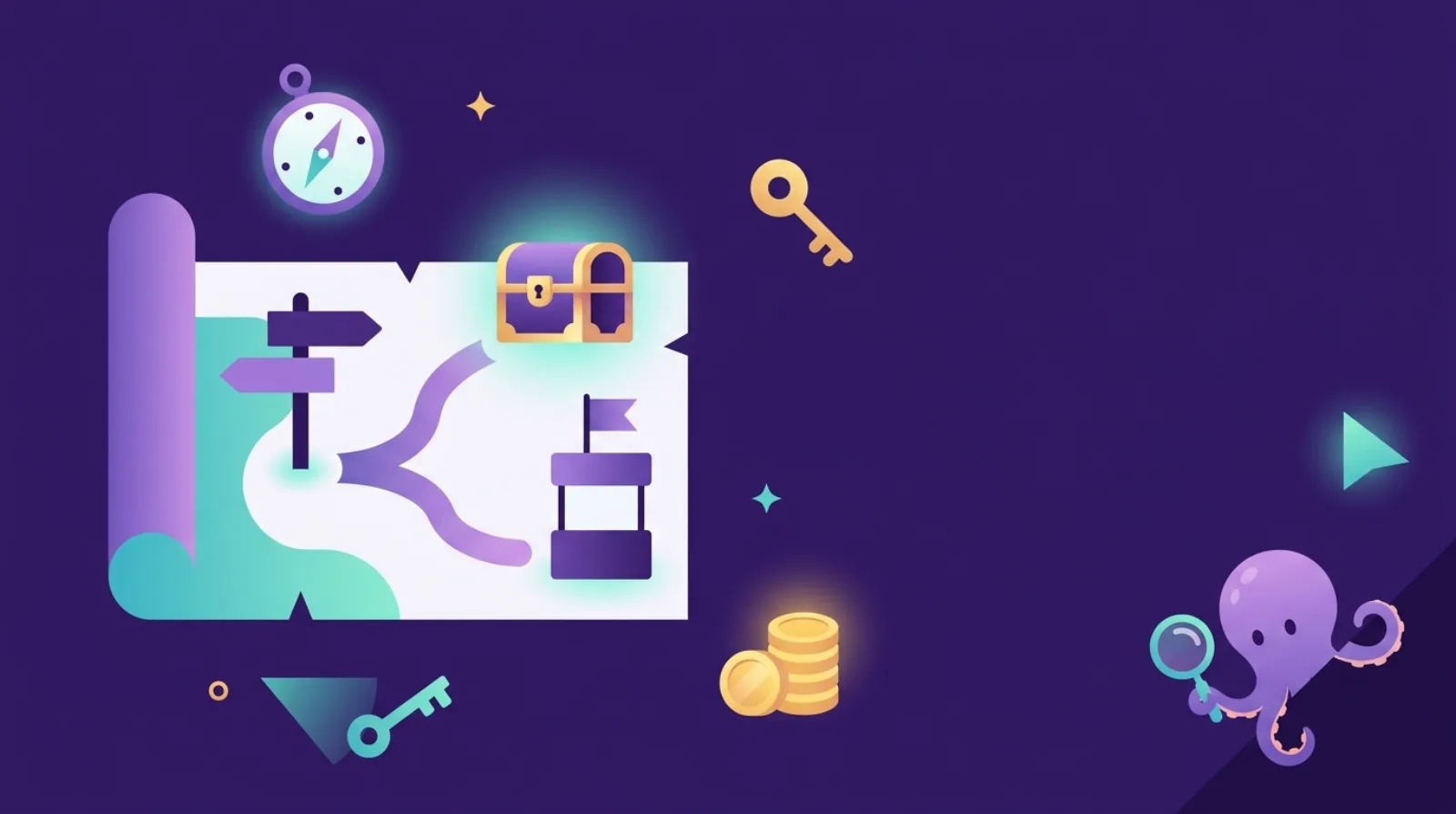 Editorial illustration of an octopus mascot comparing domain marketplace treasure chests against a registrar signpost, symbolizing where to buy a domain name